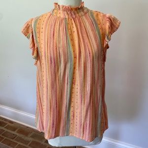 THML Freeport Stripes Flutter Sleeve  Embroidered Top Size Medium